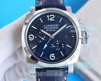 Copy Panerai Luminor BiTempo Men 44mm Blue Dial Black Leather Strap